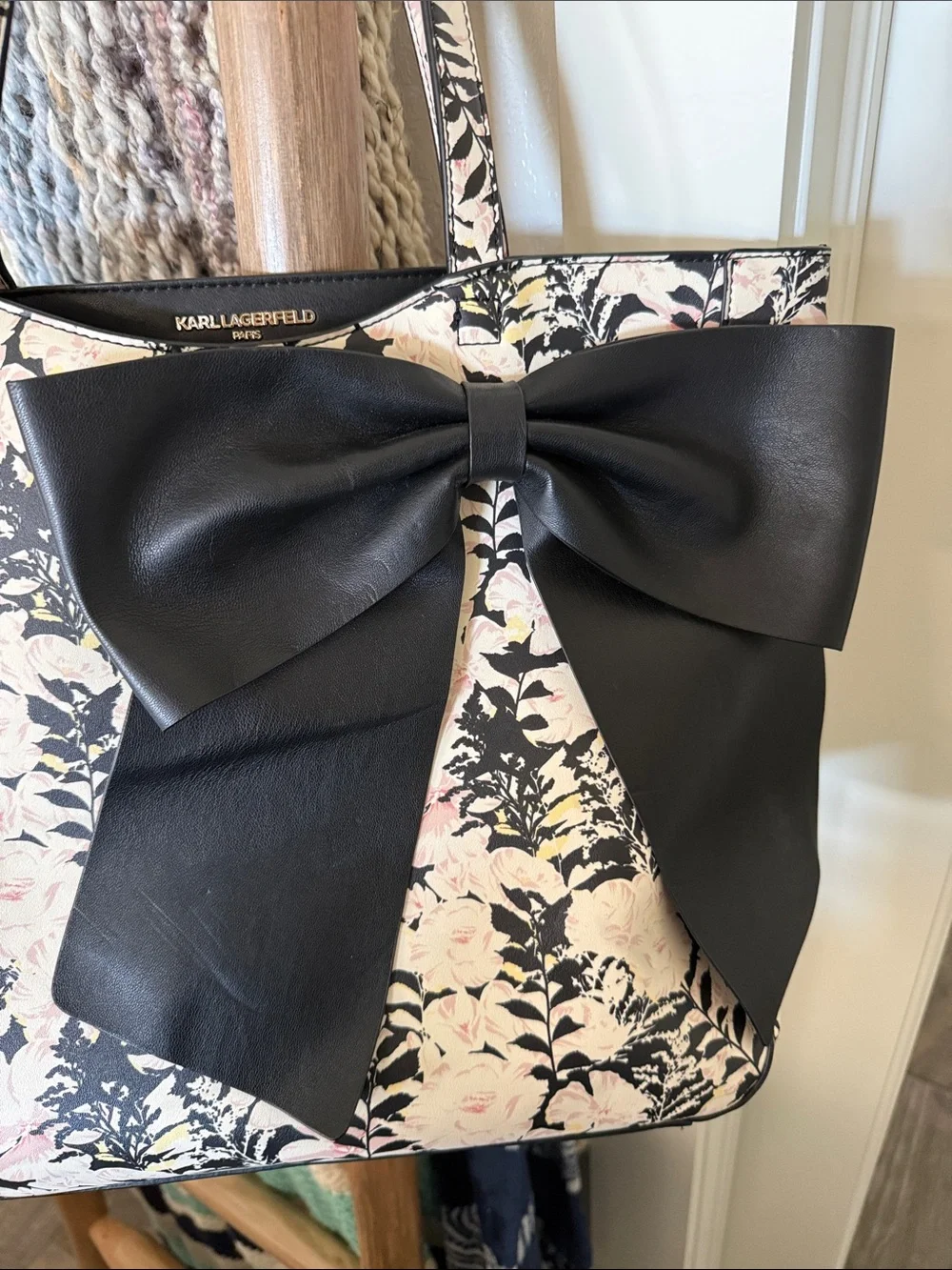 Karl Lagerfeld Black and Pink Floral Tote with Signature Bow